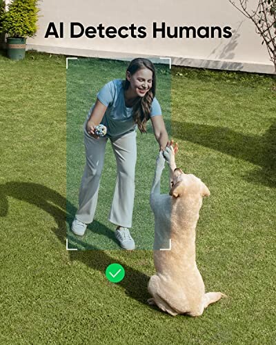 AI detects a person playing with a dog on grass.