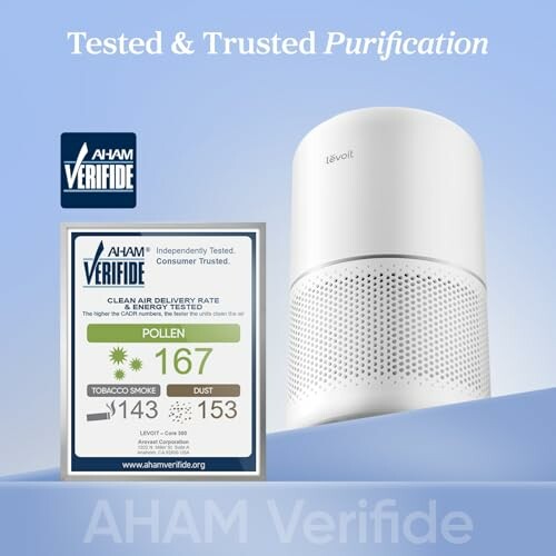 Air purifier with AHAM Verifide certification badge.