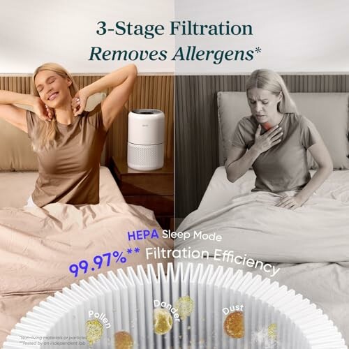 Air purifier with 3-stage filtration removes allergens, promoting better sleep.