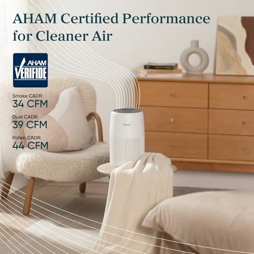Air purifier in a cozy room with AHAM certified performance ratings.