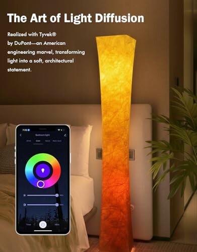 Tall floor lamp with gradient light and smartphone app control.