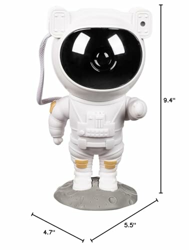 Astronaut figurine with dimensions 9.4 inches tall, 4.7 inches wide, 5.5 inches deep.