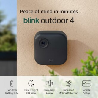 Blink Outdoor 4 Camera with features like two-year battery life, HD view, two-way audio, motion detection, and easy setup.