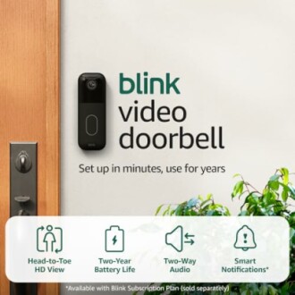 Blink video doorbell with features: HD view, two-year battery, two-way audio, smart notifications.
