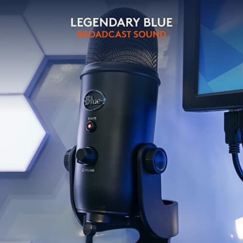Blue microphone for broadcast sound with mute and volume controls.