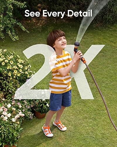 Child watering garden with hose, 2X overlay