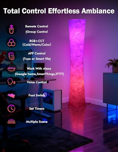 Colorful floor lamp with remote control and smart features.