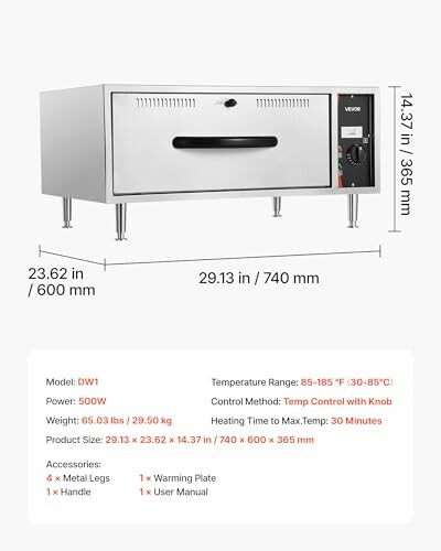 Commercial oven with dimensions and specifications displayed.