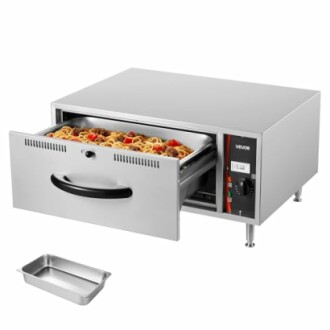 Commercial pizza oven with open drawer and baked pizza inside.