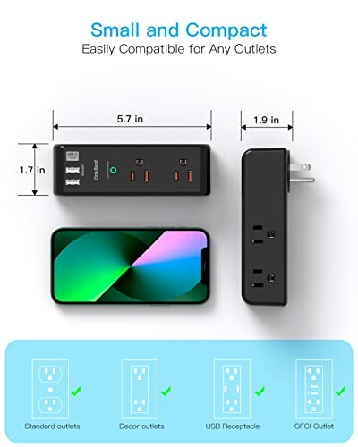 Compact power strip with USB and GFCI outlets, dimensions labeled.