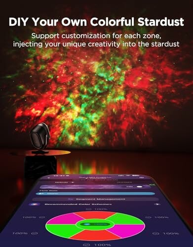 Colorful stardust projector with app customization interface. Customize your starry display to suit your mood and preferences with the Govee Star Projector Lights.