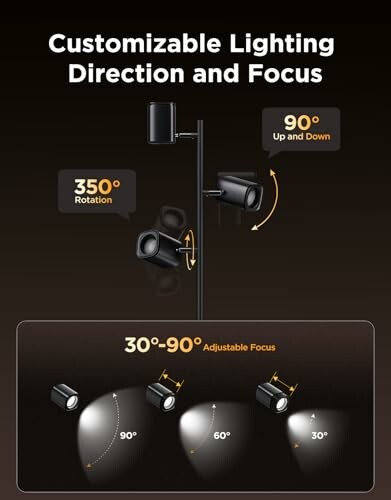 Diagram of customizable lighting with adjustable focus and rotation.