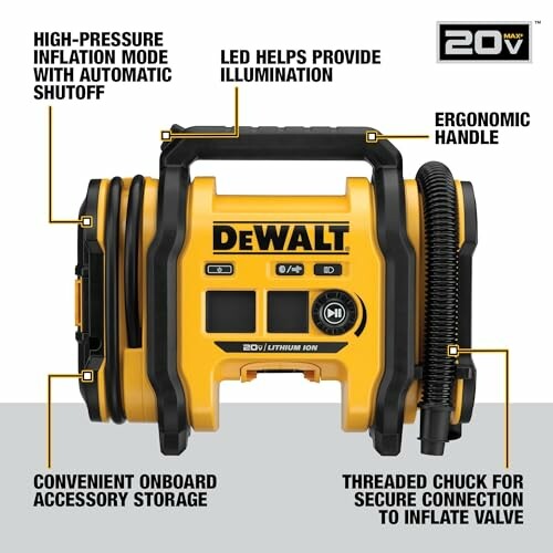 DeWalt 20V air inflator with high-pressure mode, LED light, ergonomic handle, accessory storage, and threaded chuck.