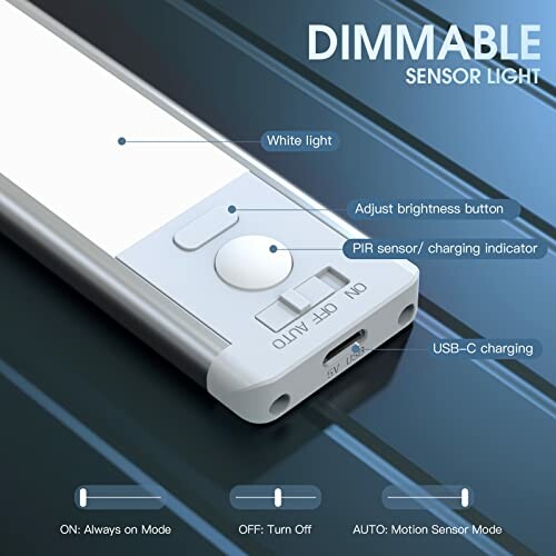 Dimmable sensor light with USB-C charging and adjustable brightness.