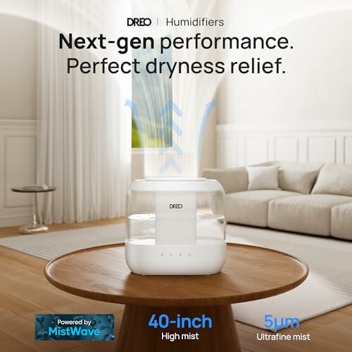 Dreo humidifier on a table in a modern living room.