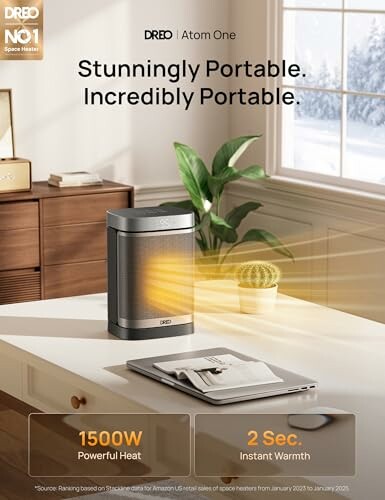 Dreo Atom One portable heater on a desk with sunlight and marketing text.