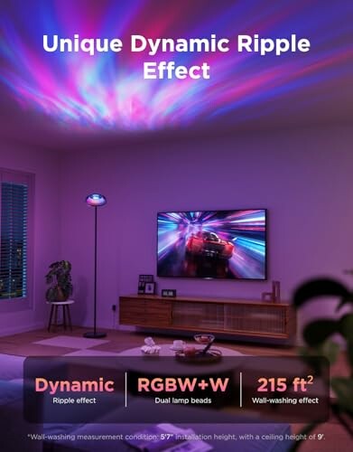 Living room with dynamic ripple light effect on ceiling.