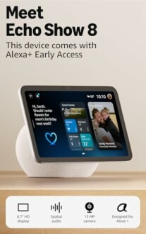 Echo Show 8 advertisement with features like HD display, spatial audio, and Alexa compatibility.