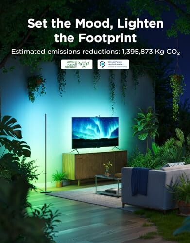 Eco-friendly home entertainment setup with green lighting and plants.