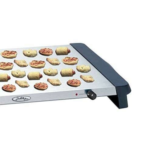 Electric griddle with assorted snacks cooking on top.