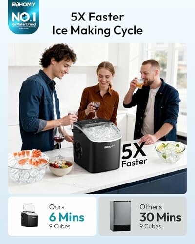 Euhomy ice maker advertisement showing three people using the appliance in a kitchen.