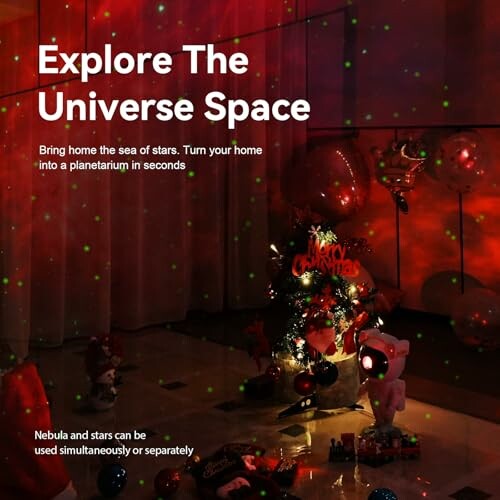 Room decorated with stars and Christmas theme, promoting space exploration.