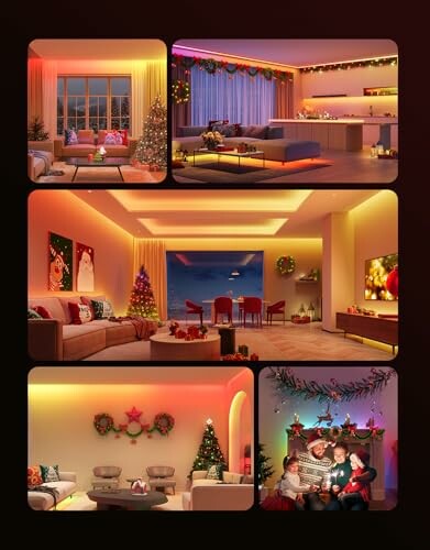 Collage of living rooms with Christmas decorations and a family by the tree.