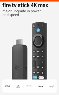 Fire TV Stick 4K Max with remote and streaming app logos.