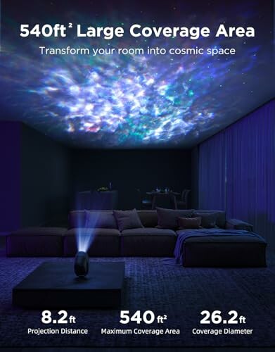 Room with galaxy projector displaying cosmic light on ceiling. The Govee Star Projector Lights creates a magical atmosphere ideal for relaxation.