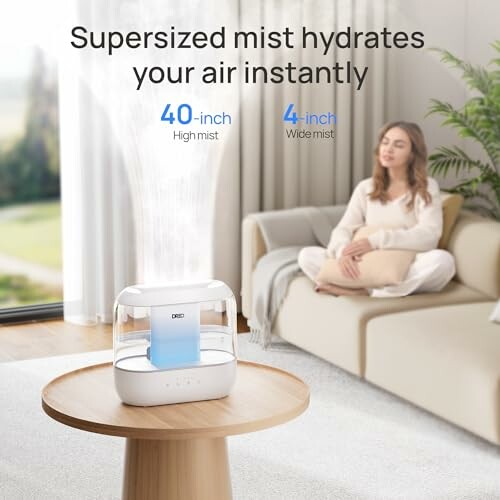 Humidifier releasing mist in a living room with a woman sitting on a sofa.