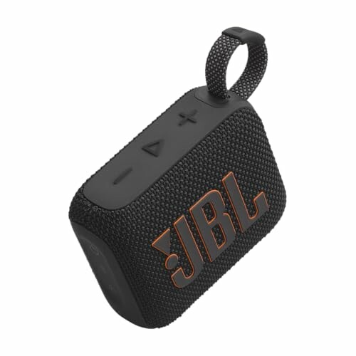 JBL portable Bluetooth speaker with loop for carrying, featuring control buttons on top.