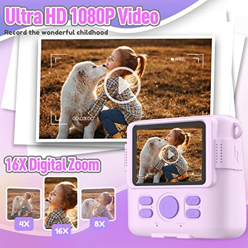 Child using a purple digital camera with a screen showing a girl and a dog, features include Ultra HD 1080P video and 16X digital zoom.