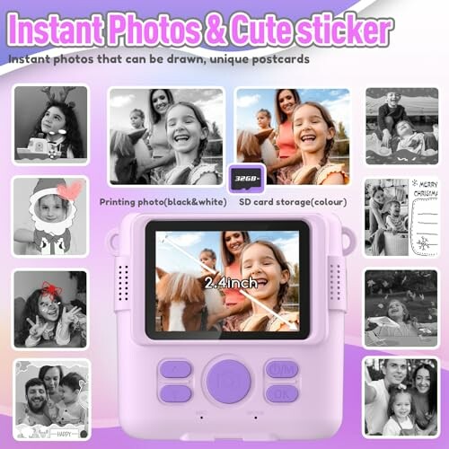 Kids camera with instant photo and cute sticker options, featuring a digital screen and multiple photo examples.