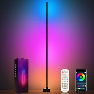 LED floor lamp with color-changing feature, remote, and smartphone control.