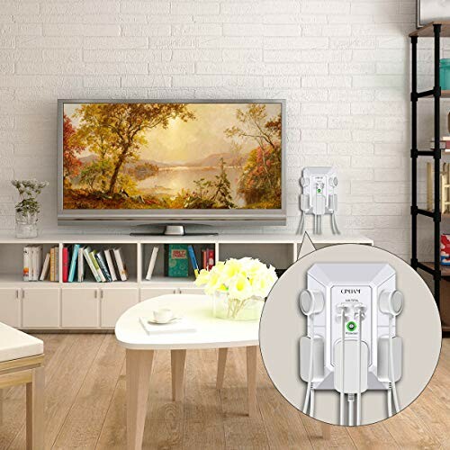 Living room with mounted TV and TV antenna close-up.