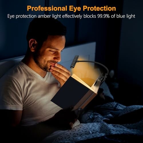 Man reading in bed with a book light, showcasing eye protection.