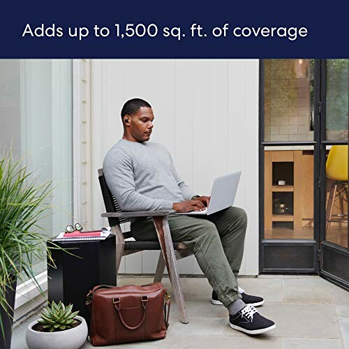 Man sitting on a patio chair working on a laptop, with text indicating 1,500 sq. ft. coverage.