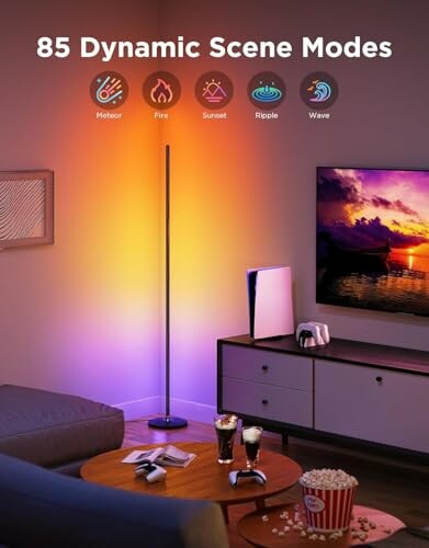 Modern living room with dynamic scene lighting and gaming console.