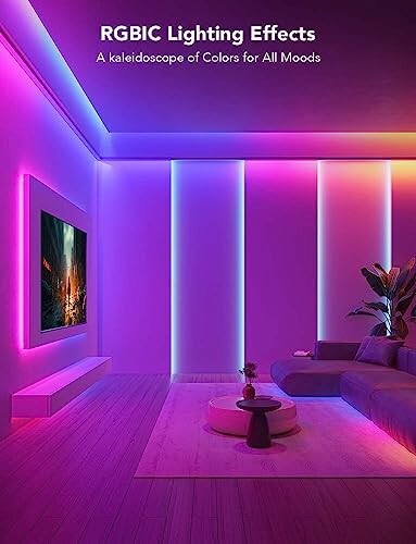 Modern living room with RGBIC lighting effects.