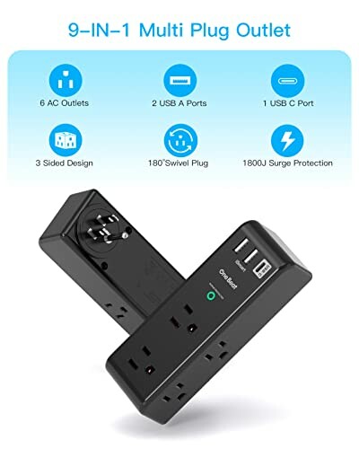 9-in-1 multi plug outlet with 6 AC outlets, 2 USB-A ports, 1 USB-C port, and surge protection.