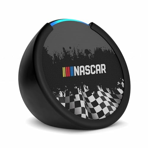 NASCAR-themed smart speaker with checkered pattern, a special edition bundle with licensed NASCAR faceplate and silicone sleeve.