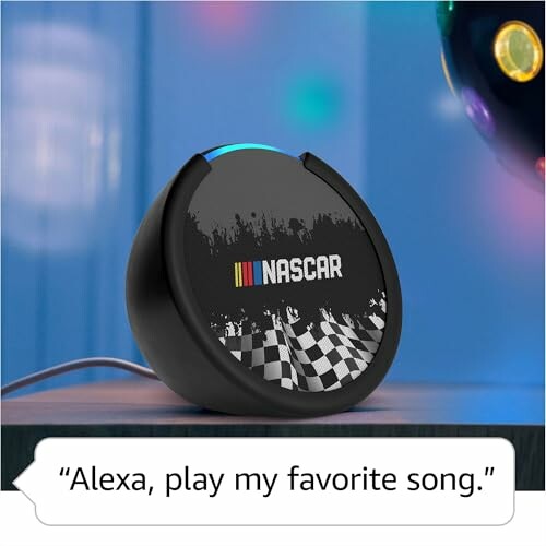 NASCAR themed smart speaker with Alexa command, showcasing the device's interactive capabilities.