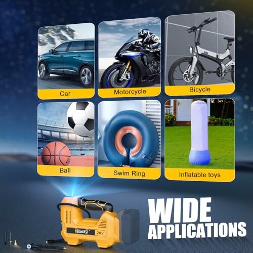Portable air compressor applications: car, motorcycle, bicycle, ball, swim ring, inflatable toys.