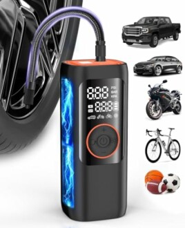 Portable air compressor with digital display and multiple vehicle icons.