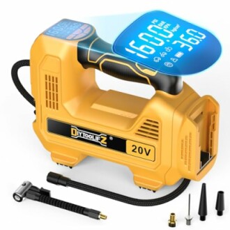 Yellow portable air compressor with digital display and accessories.