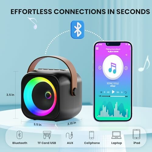Portable Bluetooth speaker with colorful lights next to a smartphone displaying music app.