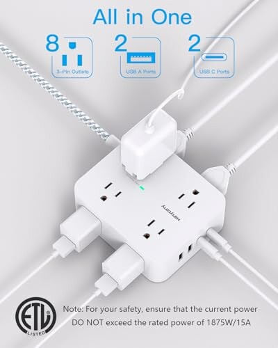 Power strip with 8 outlets, 2 USB-A ports, and 2 USB-C ports.