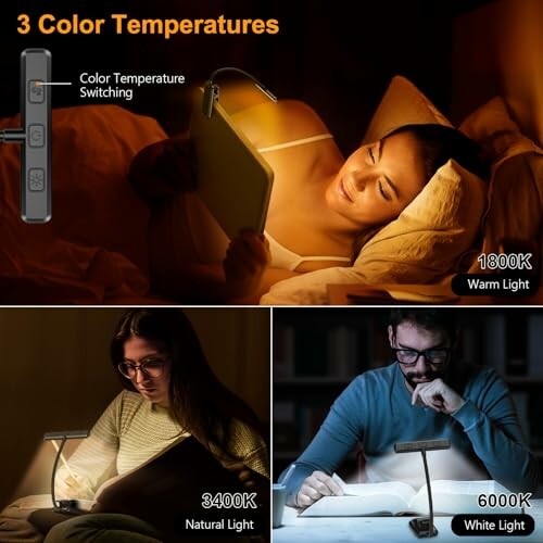 Three images showing different color temperatures of a reading lamp: warm, natural, and white light.