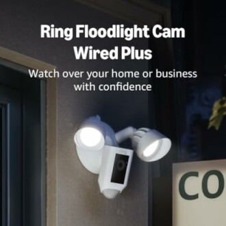 Ring Floodlight Cam Wired Plus installed on a building exterior.