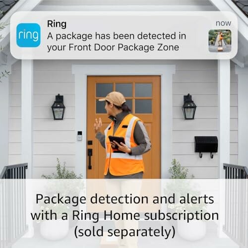 Ring notification of package detection at front door with delivery person.